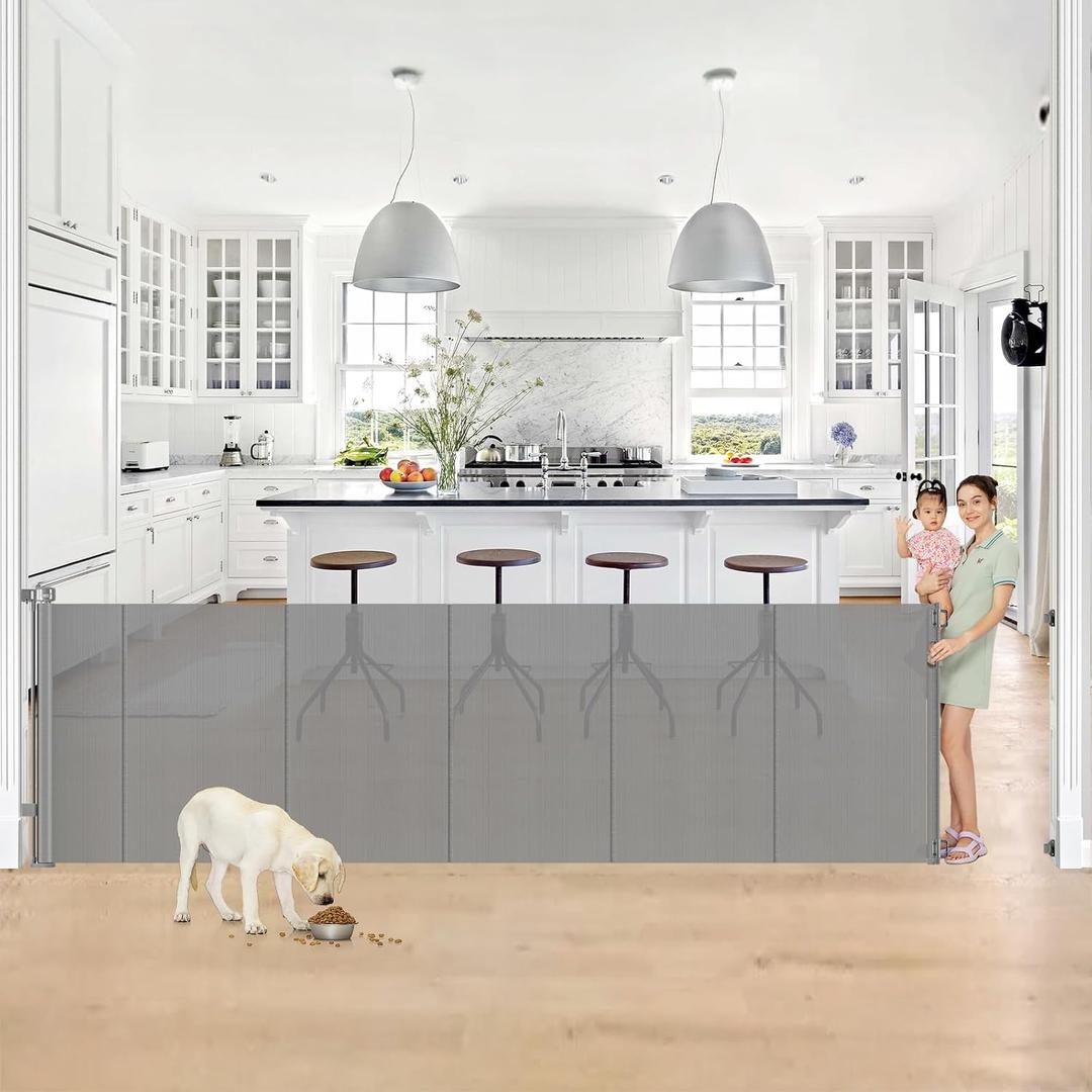 Reinforced 42 Tall x 130 Extra Wide Retractable Dog Gate Extra Tall Pet Gate with Rods to Prevent Crawling Through, Long Baby Gates for Dogs Child Safety Gate Mesh Dog Gate Indoor Outdoor, Gray