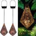MAGGIFT 2 Pack Solar Hanging Lights, Solar Powered Retro Lantern with Handle, Warm White LED Christmas Garden Lights, Metal Diamond Shape Lamp Waterproof for Outdoor for Yard Tree Fence Patio