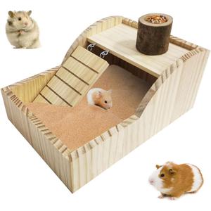 kathson Hamster Sand Bath Box Wooden Small Animals Shower Room Chinchilla Digging Sand Bathtub Container with Climbing Ladder Bowl for Dwarf Syrian Mice Mouse Gerbils Hedgehog