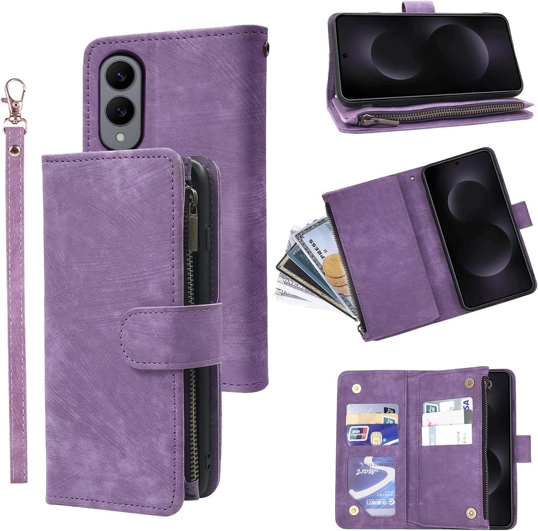 Wallet Case for Samsung Galaxy S25 Edge 5G with Wrist Strap Lanyard Vintage Leather Flip Credit Card Holder Stand Accessories Cell Phone Cover for S25Edge 25S S 25 25Edge 6.66 2025 Purple