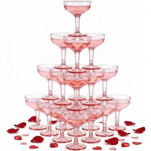 Zopeal 30 Pcs Champagne Coupe Glasses 5 oz Plastic Champagne Tower Disposable Martini Glasses Stackable Stemmed Margarita Coupe for Wedding Birthday Valentine's Day Party Bar(Pink,Transparent)