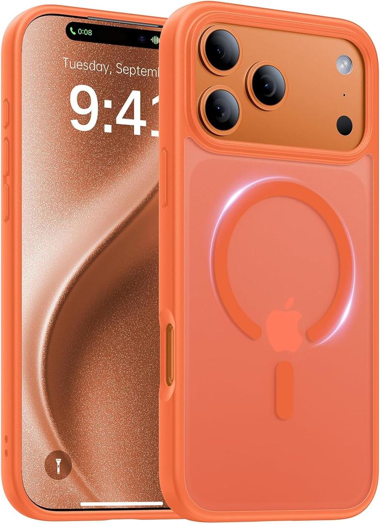 Magnetic for iPhone 17 Pro Case,[Anti-Slip][Compatible with MagSafe][Military Grade Drop Protection] Shockproof Protective Translucent Matte Phone Case for iPhone 17 Pro Case,Orange