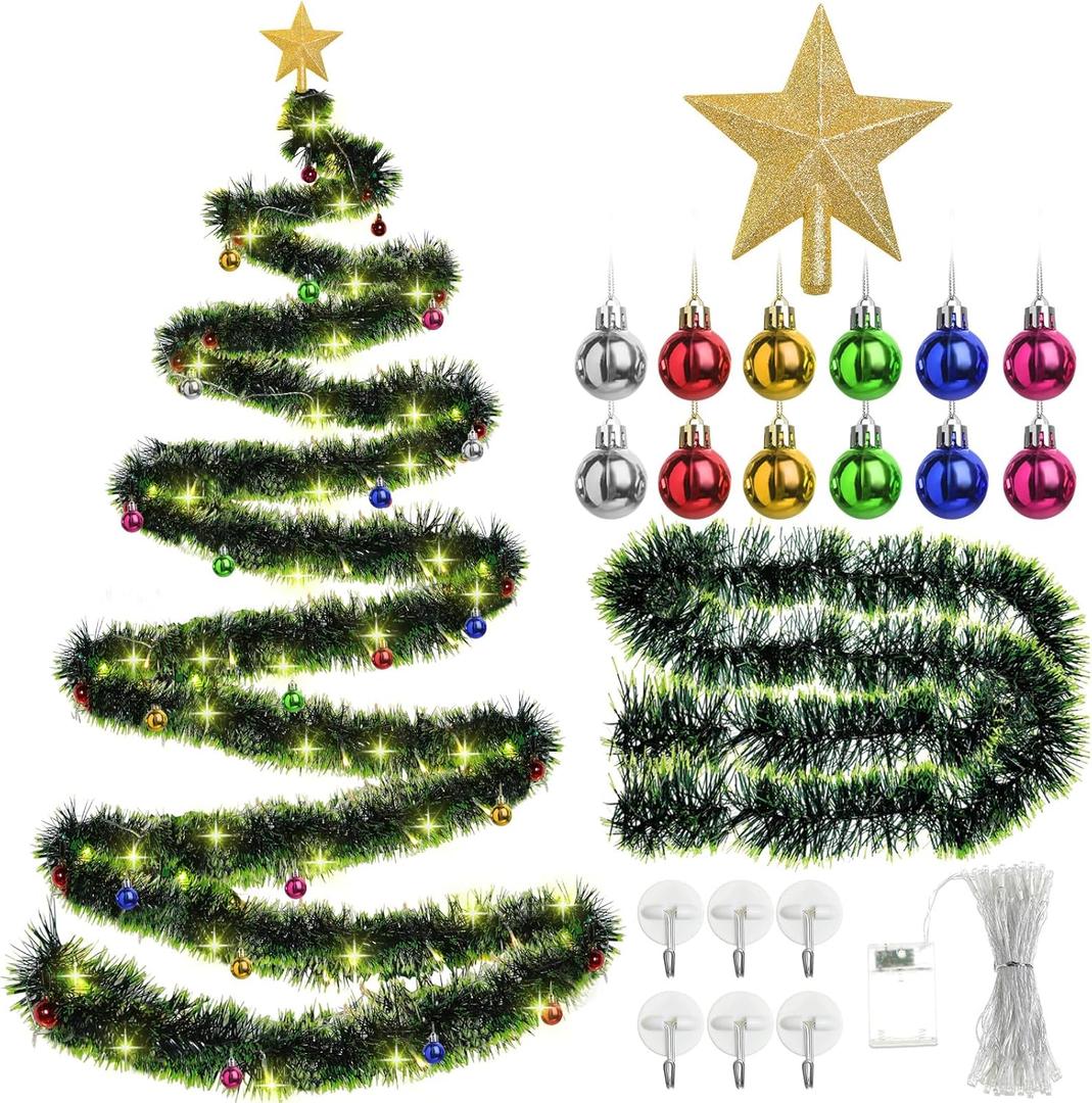 Christmas Tree Wall Light Decoration DIY Wall Hanging 33 ft Garland Xmas Glitter Ball Ornaments Christmas Star Tree Topper for Xmas Outdoor Indoor Home Decor(Dark Green)