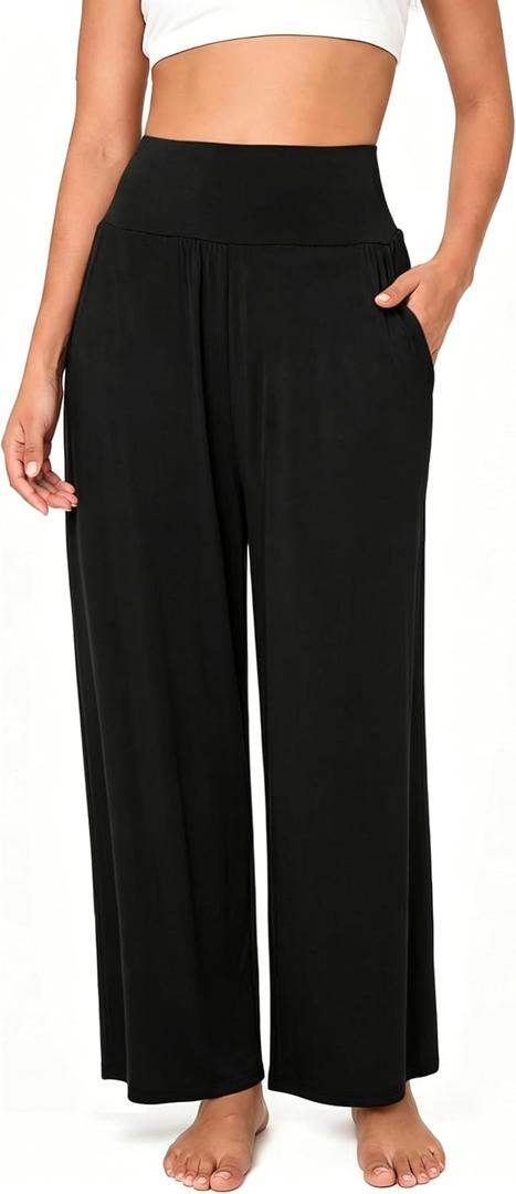 BAMBOO COOL Womens Wide Leg Yoga Pajama Pants Palazzo Casual Loose High Waisted Flowy Bottoms with Pockets Lounge Sweatpants (Black, L)