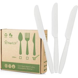 Compostable Knife,100 Biodegradable Silverware for Party, Large Disposable Utensils Eco Friendly Durable and Heat Resistant,Alternative to Plastic Knife