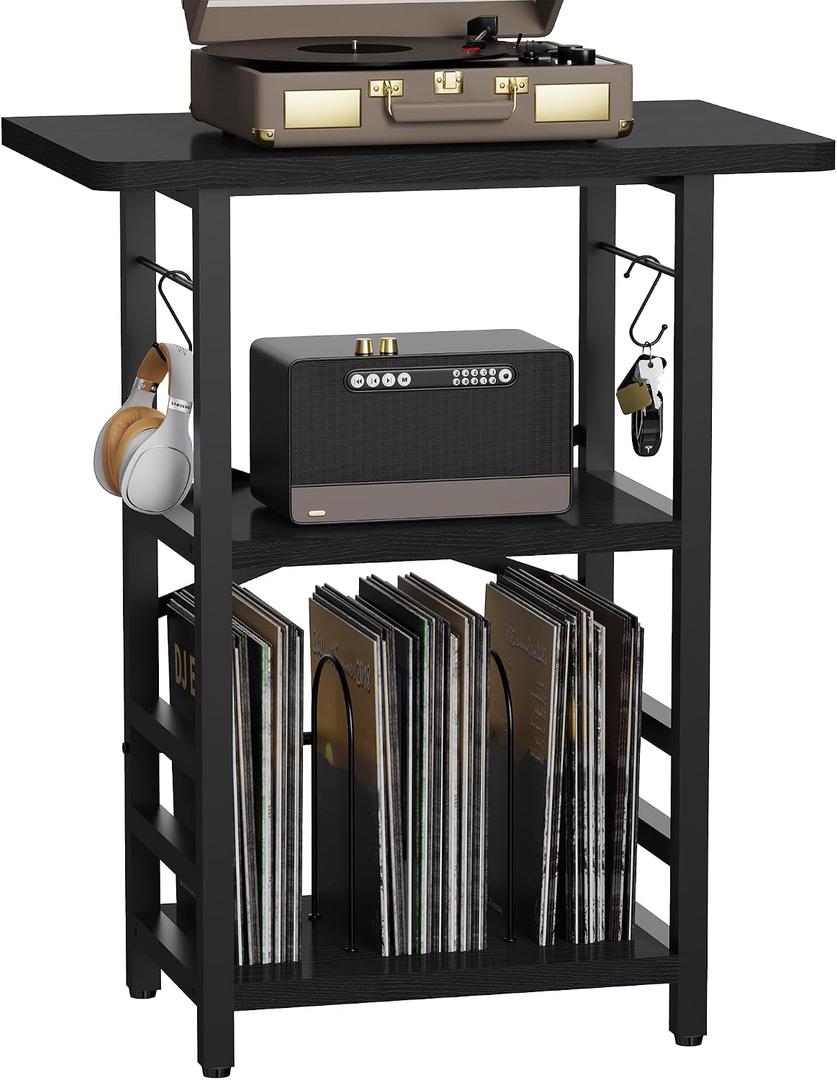 YAKANJ Record Player Stand with Extended Desktop,Large Record Player Table with Vinyl Storage,Turntable Stand with Record Holder Vinyls Display Shelf for Music Room Studio,Modern Black, 15.75 x 19.69 x 30.31 inches