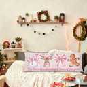 Coquette Pink Snowman Gingerbread Body Pillow Cover 20x54 Inches,It's The Most Wonderful Time of The Year,Preppy Pink and White Bow Xmas Decorative Long Hug Pillow Covers for Couch Bed