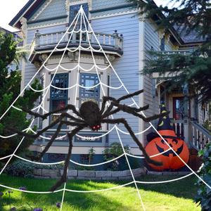 200" Halloween Spider Web + 59" Giant Spider Decorations Fake Spiders with Triangular Huge Spiders Web for Indoor Outdoor Halloween Decorations Yard Home Costumes Parties Haunted House Dcor