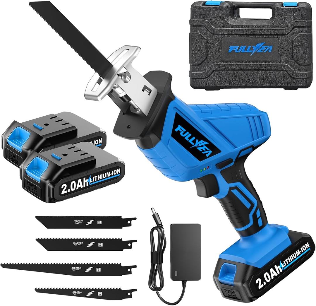 FULLYEA Reciprocating Saw Cordless, 0-3500SPM Variable Speed Reciprocating Saws with 2 Batteries, 4 Saw Blades, Tool-Free Blade Change, Electric Reciprocating Saws for Woods/Metal/Plastic Cutting,Blue