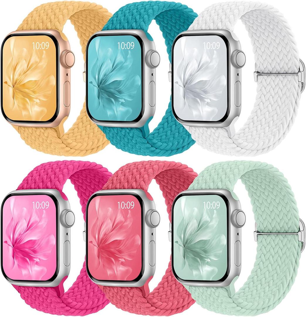 6 Pack Braided Stretchy Bands Compatible with Apple Watch Band 38mm 40mm 41mm 42mm 44mm 45mm 46mm 49mm Women Men, Adjustable Nylon Solo Loop Elastic Straps for iWatch Series 10 9 8 7 6 5 4 3 SE Ultra (Teal/Hot Pink/White/Peach Red/Light Green/Sunshine)