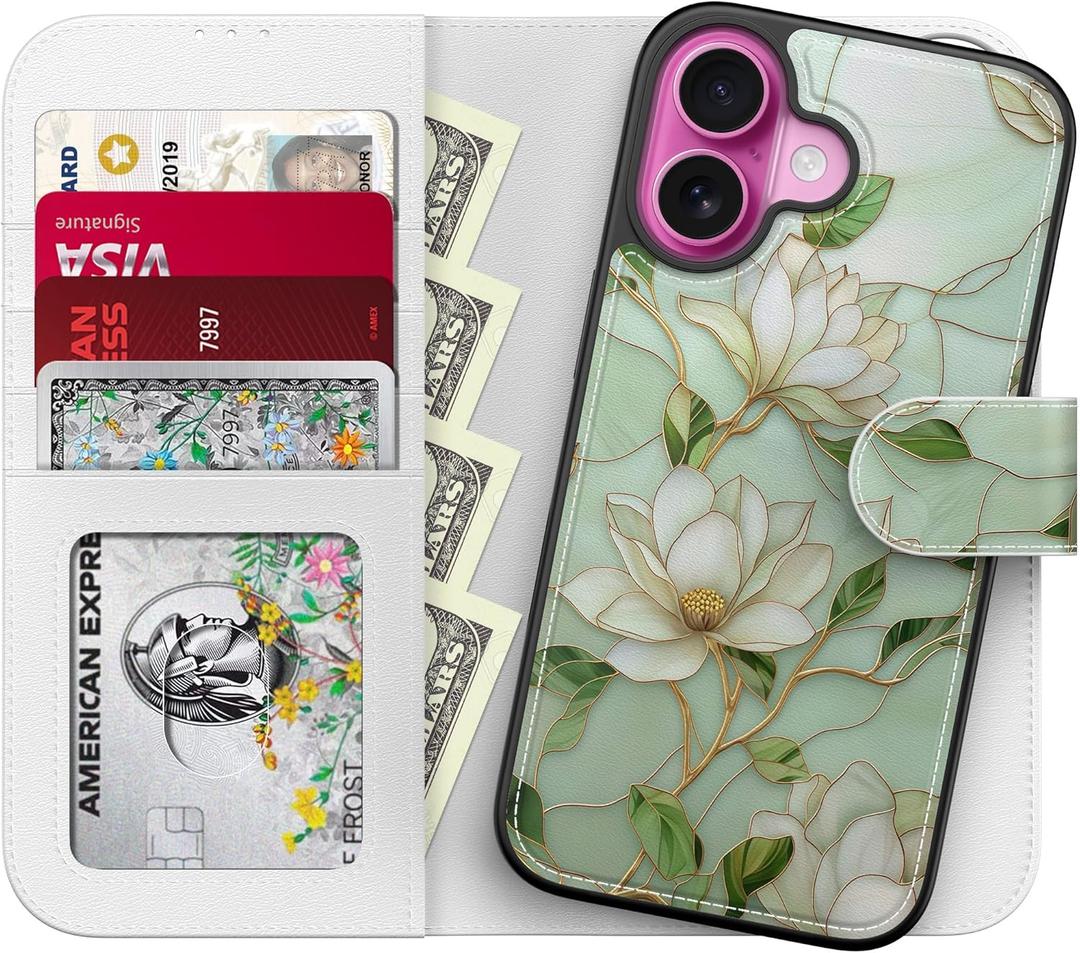LUHOURI for iPhone 17 Case Wallet - Wireless Charging Compatible Detachable Flip Folio Leather Cover - RFID Blocking 4 Card Slots Holder - Protective Phone Case for Women - Vintage Magnolia Flowers