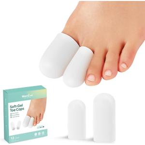 Welnove Gel Toe Cap and Protector - Silicone Toe Covers - Toe Cushions for Pain Relief, Missing or Ingrown Toenails, Corns, Calluses, Blisters (4 Large + 8 Medium, White) 
