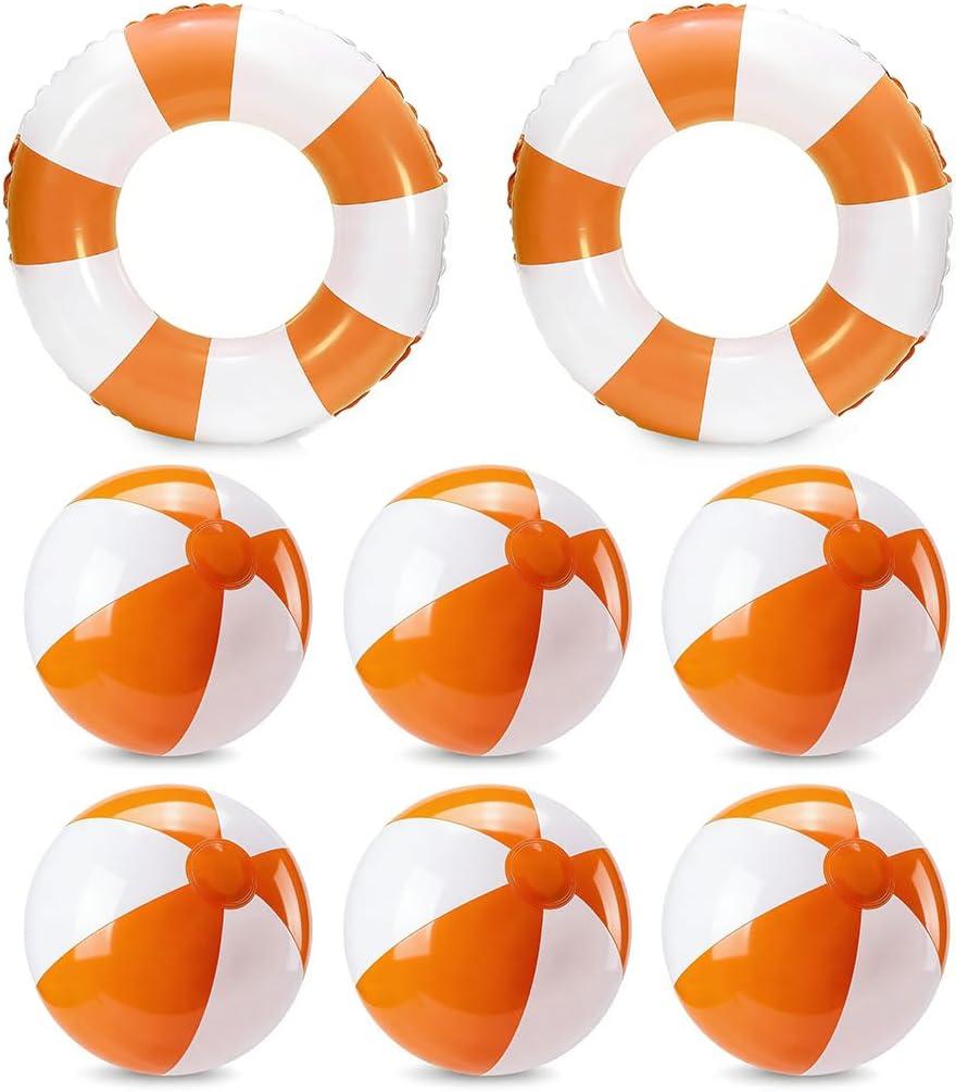 8Pcs Inflatable Pool Float Set Includes 2Pcs 22.8" Swim Ring & 6Pcs 16" Beach Ball Bulk PVC Summer Water Toys for Swimming Pool Beach Hawaiian Tropical Party Favors Decorations Supplies