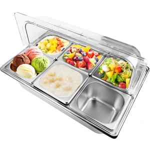 Salad bar Buffet Station for Home 6 Pan Countertop Food Serving Display Container With Clear Roll Top Cover,Cold Food Serving Trays for Party Buffet,Stainless Steel Buffet Server Condiment Tray
