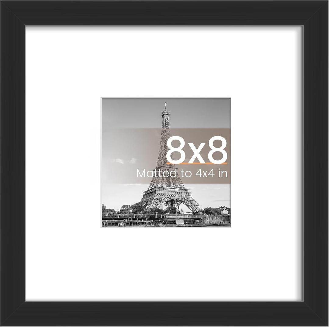 upsimples 8x8 Picture Frame, Display Pictures 4x4 with Mat or 8x8 Without Mat, Wall Hanging Photo Frame, Black, 1 Pack