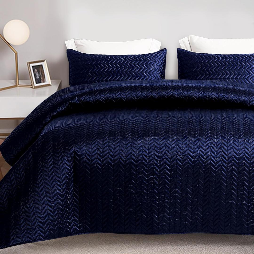 Whale Flotilla Silky Soft Satin Quilt King Size, Luxury Reversible Lightweight Bedspreads Covelets for All Seasons, Leaf Stitched Pattern Bedding Set with Satin Pillowcases, Navy