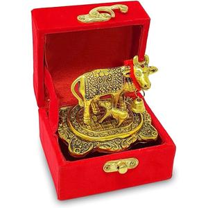 NOBILITY Pooja Items Diwali Gift Golden Small Kamdhenu Cow and Calf with Red Box Metal Statue Decorative Item Showpiece for Home Office Decoration Wedding Return Gifts Pack of 4