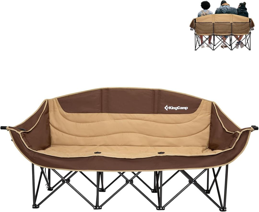KingCamp Double Camping Chair, Oversized Heavy Duty Loveseat for Adults Portable Folding XL 2 Person Couch Padded Comfortable Two Seat with Cup Holder for Outdoor Lawn Backyard (L 3 Person Khaki/Coffee)