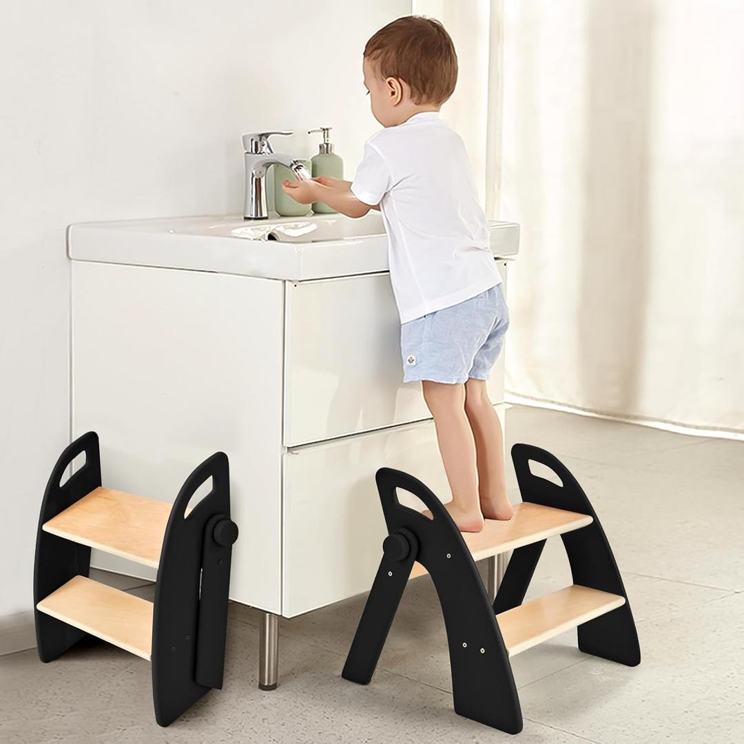 Wooden 2 Step Stool for Kids Bathroom Sink Foldable Anti-Slip 2-Step for Toilet Potty Training, Child Stepping Stool for Kitchen Nursery Bedroom, Sturdy Non Slip Adult Stool for Closet Black