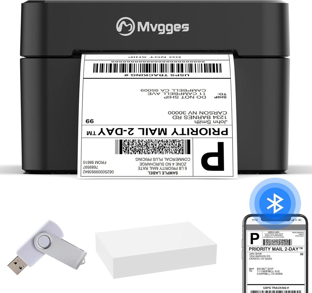 Mvgges Bluetooth Thermal Shipping Label PrinterNo WiFi Connection, 4X6 Label Printer for Shipping Packages, Support Windows, Mac, iOS, iPhone, Android (Matte Black)