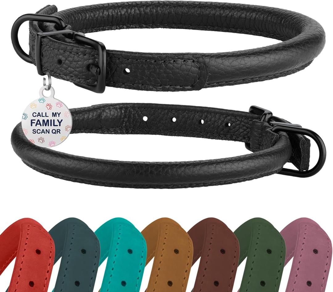 Rolled Leather Dog Collar Soft Round Design Prevents Tangling & Matting with ID Tag for Small, Medium & Large Dogs (14-17 inch, Black Midnight & Black Buckle)