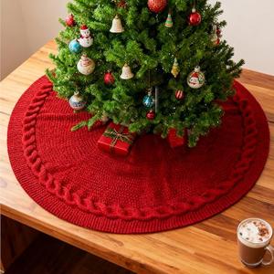 Red Christmas Tree Skirt, 24 Inch Knitted Tree Skirt for 2-4 Ft Christmas Tree Luxury Knitted Thick Rustic Tree Skirt Xmas Decoration, Small Christmas Tree Skirt Decor for Pencil Christmas Tree