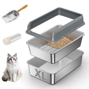 All Stainless Steel Sifting Litter Box with Lid,XL Extra Large Metal Sifting Cat Litter Box for Pine Pellets,High Sides Sifter Litter Pan System for Big Cats,Odor Control,Sifting Box Liners and Scoop