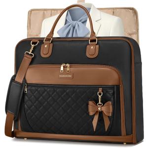 RAINSMORE Garment Bag for Travel Womens Hanging Suit & Dress Travel Bag Foldable Garment Duffle with Pockets & Strap, Carry On Compatible (Large, Black & Brown)