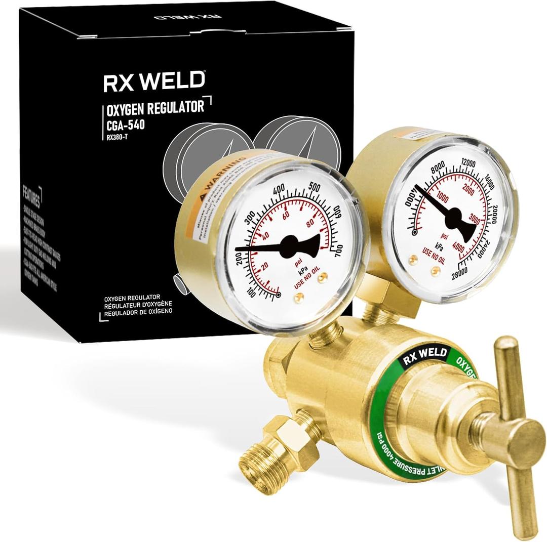 RX WELD Oxygen Regulator Welding Gas Gauges CGA 540 Inlet Oxy for V-Style Torch Cutting Kit, T-Handle