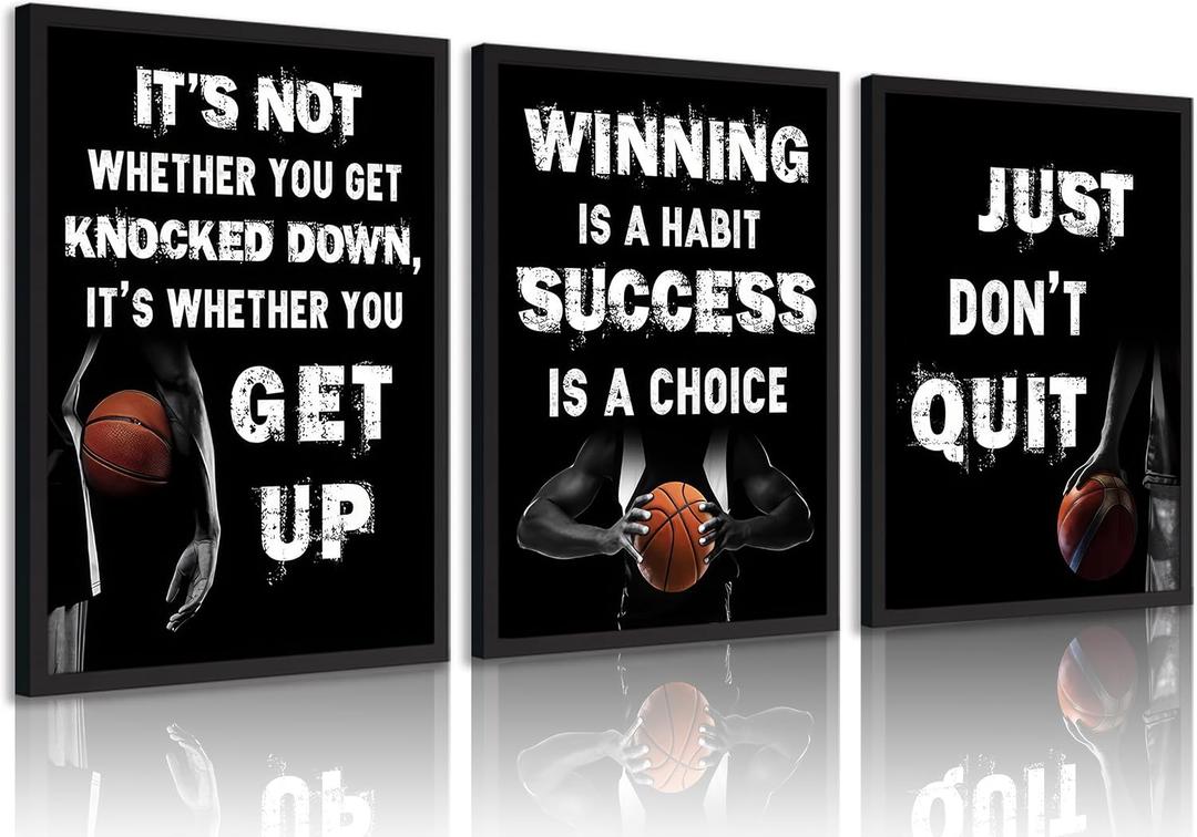 3pcs Inspirational Basketball Canvas Wall Art Basketball Sports Posters Prints Teen Boys Sports Spirit Wall Decor Pictures for Teen Boys Living Room Bedroom Home Decoration Unframed