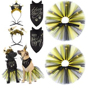 Suhine 6 Pcs Pet Happy New Year Costume Dog Accessories Include Puppy Dogs Tutu Dress Dog New Years Bandana Headband Outfit for Cat Pet Costume Supplies