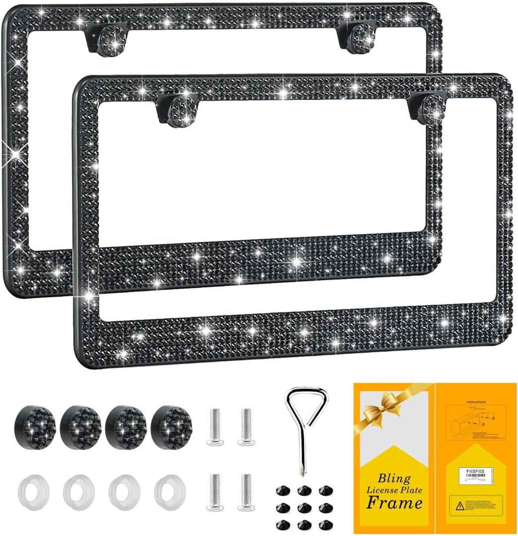 Bling License Plate Frame for Women,2 Pack Premium Stainless Steel Rhinestone License Plate Holder,Handmade Glitter Crystal Diamond Girl Lincense Plate Tag Cover,Bedazzled Sparkly, Black