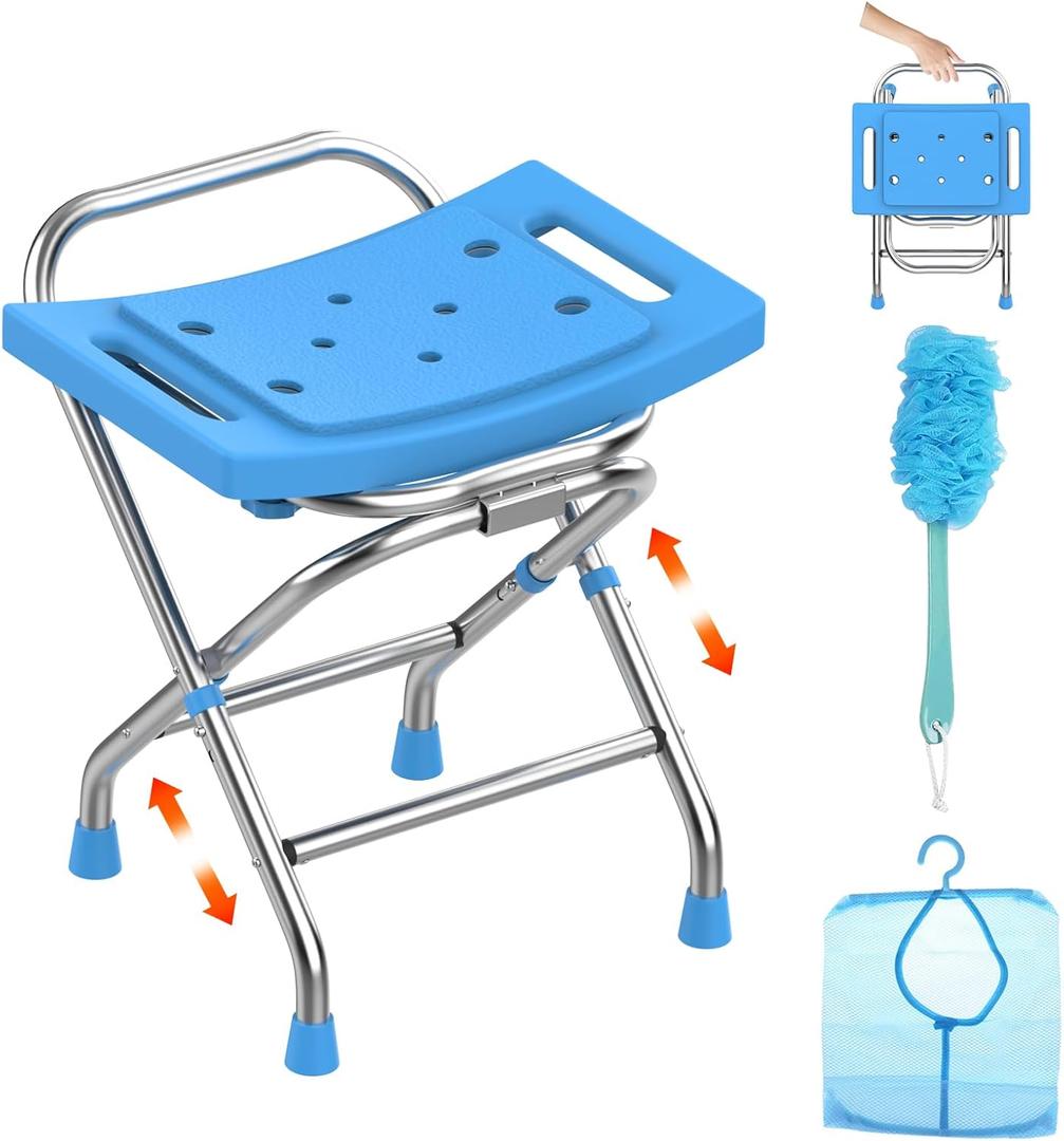 Height Adjustable Folding Shower Chair Seat, Stainless Steel Shower Chair for Inside Shower w/Crossbar, 420LB Portable Travel Shower Stool, Safety Anti-slip Bath Chair for Seniors, Adults,Blue