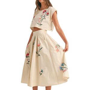 Women Floral Embroidery Dress Sleeveless 2 Piece Tank Top and Skirt Loose Fit Boho Dress (Medium, White)