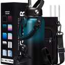 32/40/64/128 oz Insulated Water Bottle with straw & Spout Lids Keep Cold 48H Hot 24H, Large Water Flask Bottle with Shoulder Carrier Bag, Paracord Handle & Boot for Gym, Workout & Beach (Indigo Black Gradient)