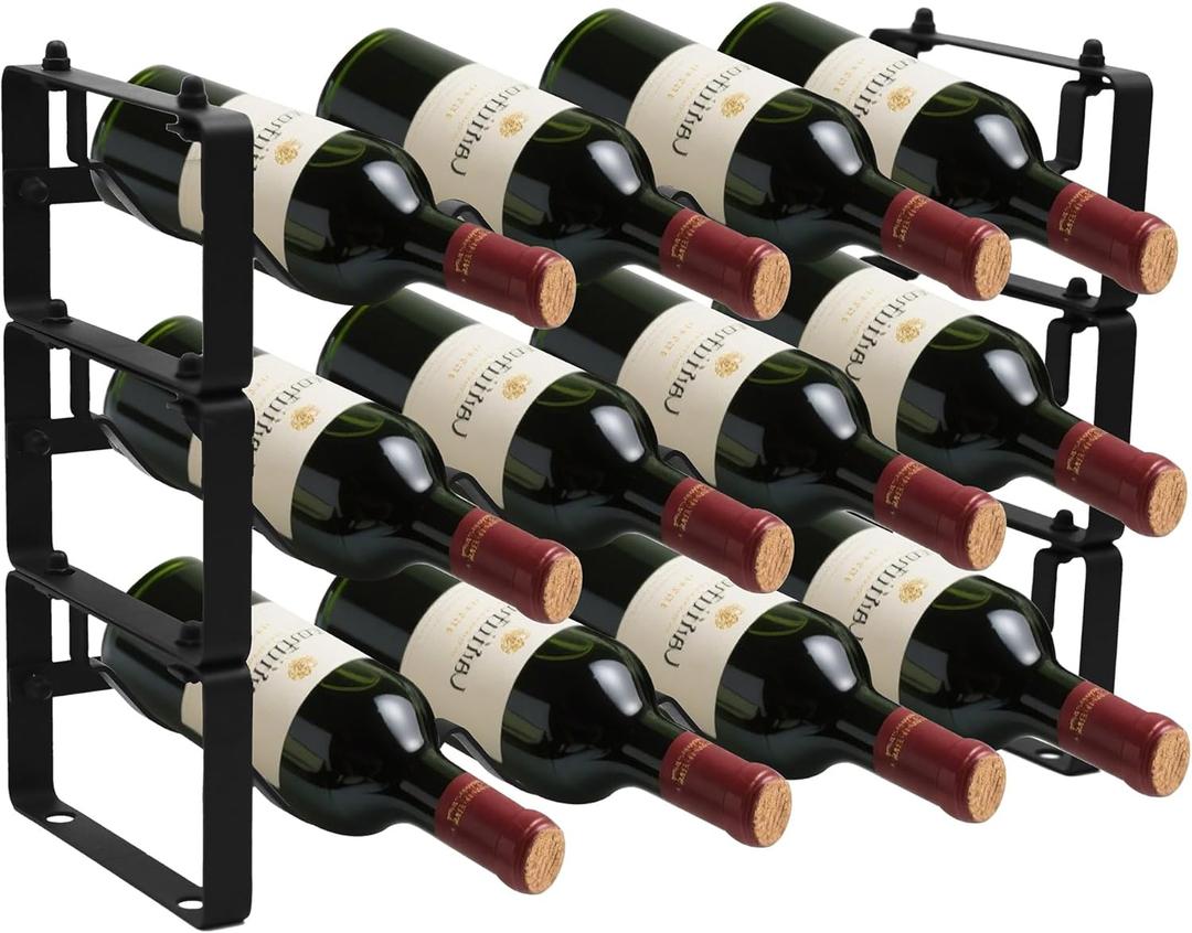 Black Wine Rack for 12 Bottles  Stackable & Expandable Metal Wine Bottle Holder for Bar Counter, Cabinet, Pantry, or Small Spaces  Modern Freestanding Wine Storage Shelf (3 Tier, Black)