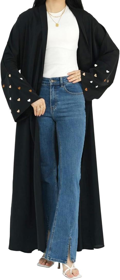 Abayas for Women Muslim Islamic Dubai Cardigan Open Front Chiffon Dress Long Sleeve Maxi Abaya Long Kaftan Robe(No Scarf) (Medium, Blacka)