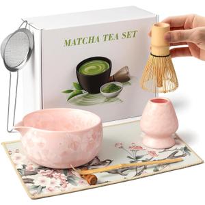 Matcha Whisk Set 7 PCs Ceramic Japanese Matcha Bowl Kit Includes Matcha Bowl, Matcha Whisk and Holder, Bamboo Scoop, Scoop Rest, Sifter, Tea Towel - Traditional Matcha Starter Set for Matcha Lovers (Pink)