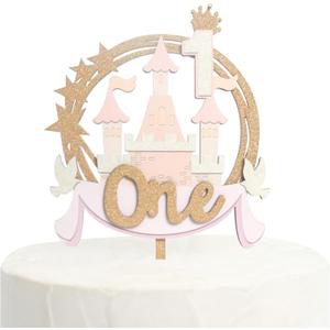 Princess Castle 1st Birthday Cake Topper, Wooden, Pink, 1 Count, 4.9 x 8 Inches, Castle Cake Topper For Girl Birthday, Baby Shower, Anniversary