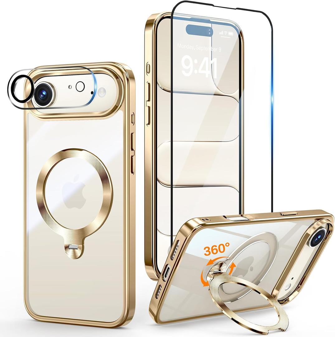[Tri-Shield Protection] for iPhone Air Case with 360 Spin Stand Compatible with MagSafe [Magnetic CD Ring] [Screen & Camera Lens Protector] Shockproof Plating Never-Yellowing, Gold-6.5"