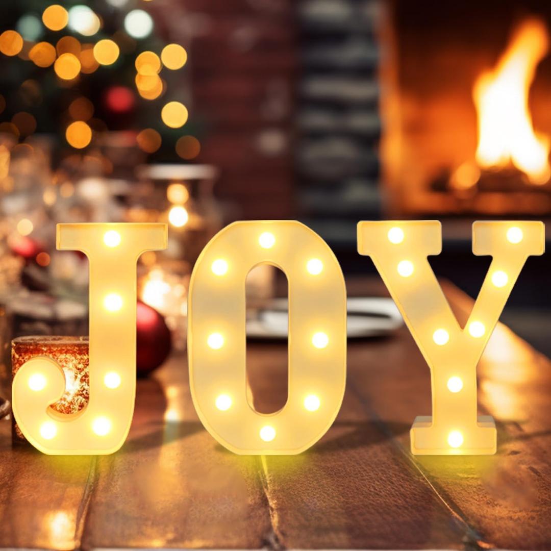 Christmas Decorations Indoor, Marquee Light Up Letters JOY LED Letter Lights Sign, Battery Powered Christmas Table Decorations for Mantle Home Bedroom Tabletop Fireplace Wall Xmas Decor(3 Pcs, White) (White)