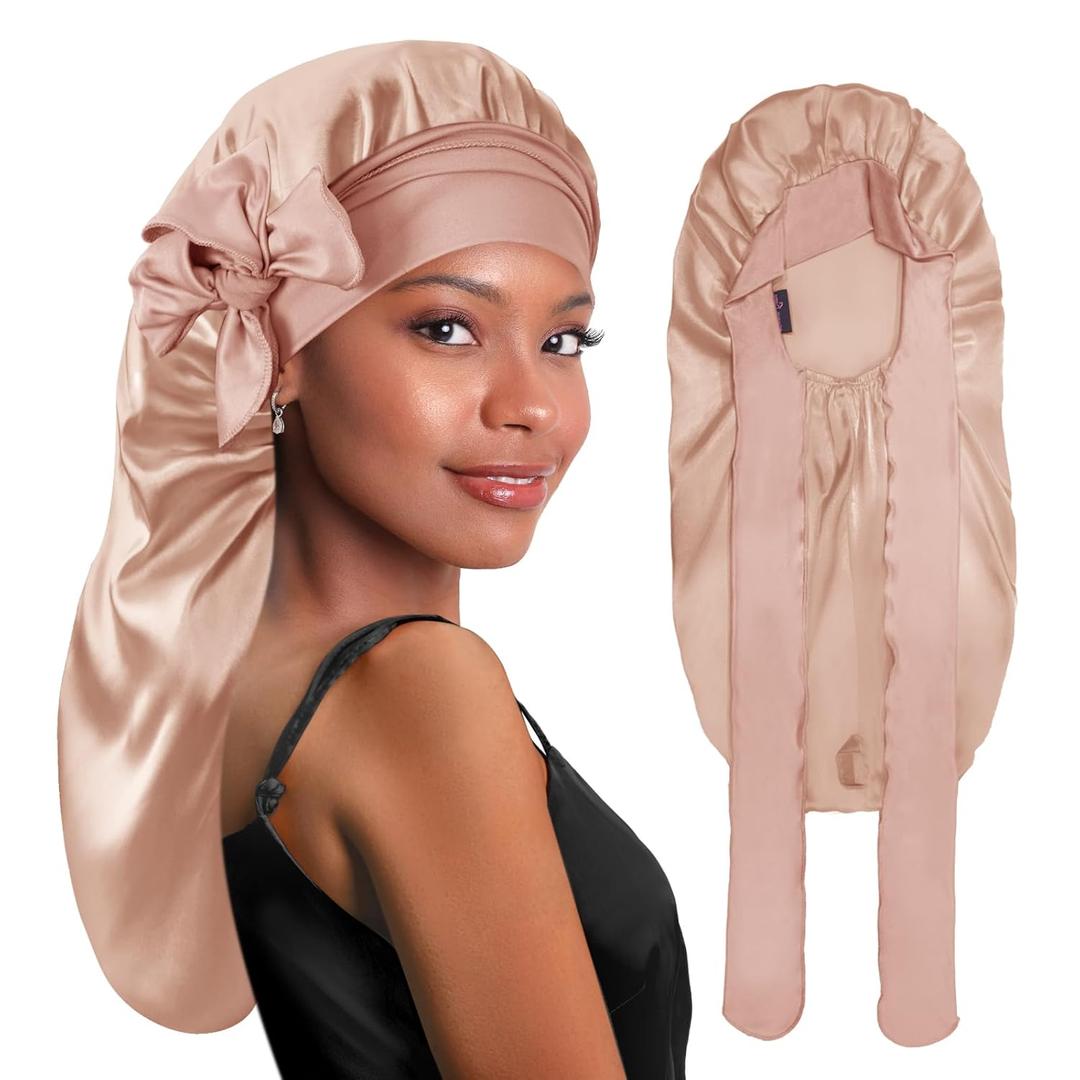 10 x BONNET QUEEN Braid Bonnet Silk Bonnet Foldable Extra Long Wrap for Braids Satin Bonnets with Tie Band Long Sleep Cap, Champagne (Medium)
