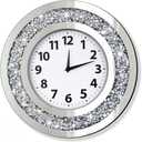 DMDFIRST Crystal Crushed Diamond Mirrored Wall Clock, 16x16 Inch Silver Glass Round Decorative Clock, Silent Quartz Movement (No Second Hand), Modern Sparkle Home Decor (AA Battery Not Included), Large
