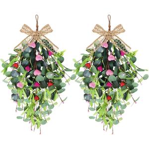 2 Pack Valentines Wreaths for Front Door 22'' Valentines Teardrop Swag Pink and Red Hearts with Linen Ribbon for Valentine's Day Anniversary Wedding Decor Eucalyptus Wreath