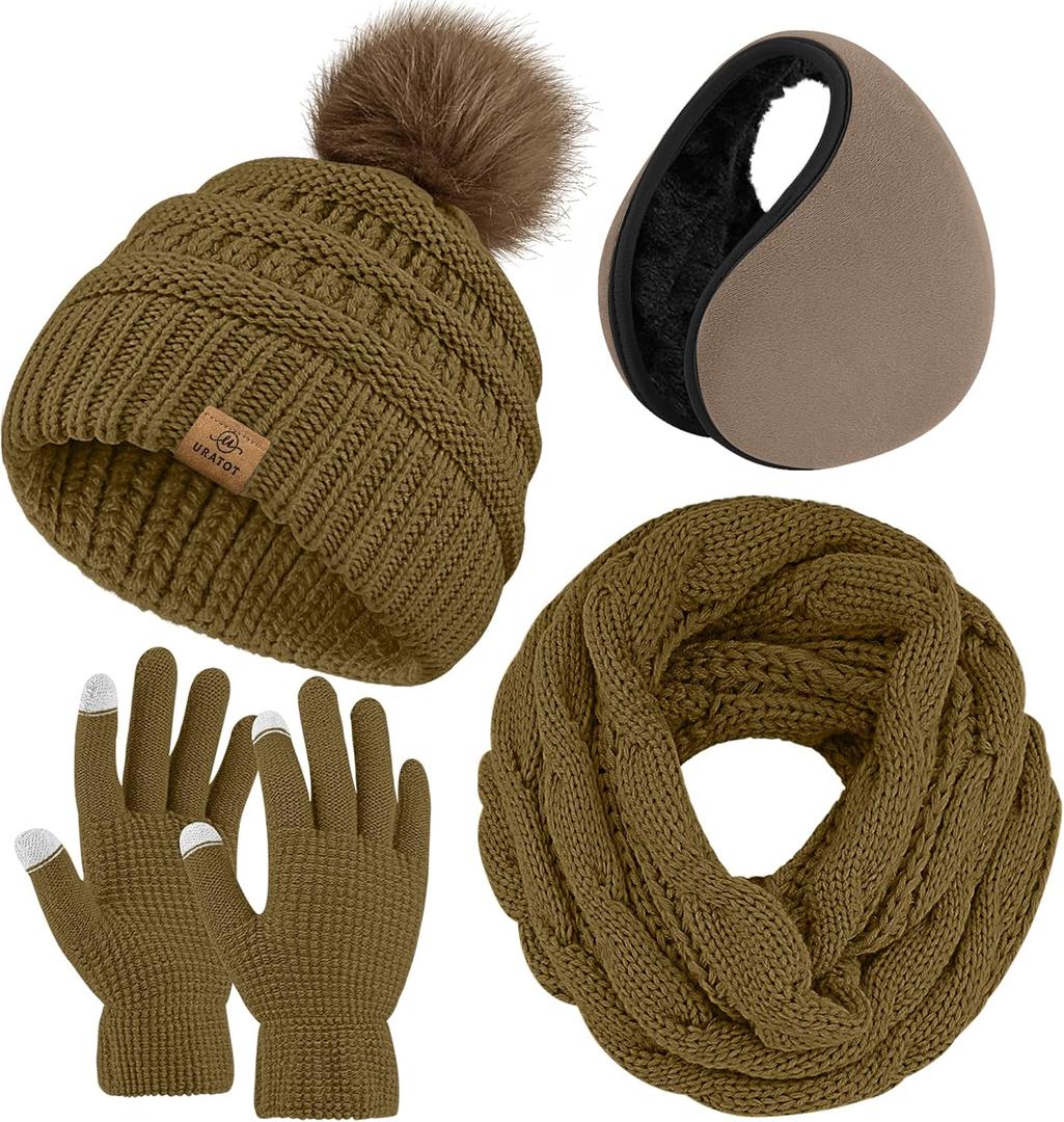 URATOT Winter Warm Sets Knitted Scarf Beanie Pompom Hat Touch Screen Gloves and Winter Ear Warmer Set for Men or Women (Brown)