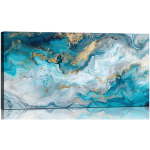 Abstract Wall Art Decor Teal Blue Marble Canvas Pictures for Wall Modern Abstract Watercolor Ink Lines Painting for Living Room Contemporary Abstract Art Print for Bedroom Home Office Decorations(20" x 40")