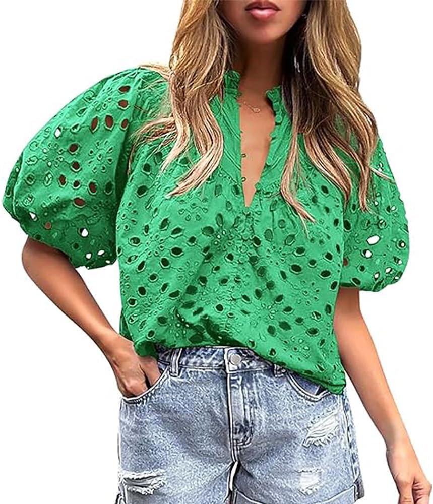 Summer Eyelet Tops for Women Embroidered Button Down Shirt Hollow Out Half Puff Sleeve Blouse (Small, Green)