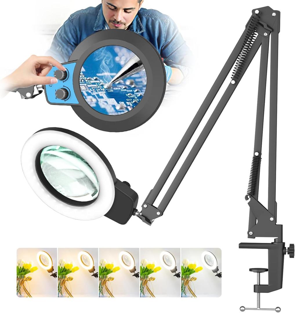 HITTI 12X Long Magnifying Glass with Light, 2026 Upgrade Infinite Color and Brightness LED Desk Lamp with Clamp, Hands Free Magnifier Light and Stand for Workbench Crafts Reading Painting - Blue