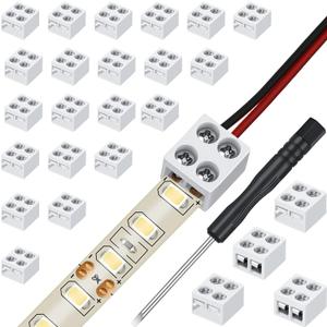 Flutesan 25 Pack Solderless LED Tape Light Connector 2 Pin Terminal Block Screw Down LED Strip Connector Tape to Wire for 5v 12v 24v Single Color Strip Lights(8mm,White)