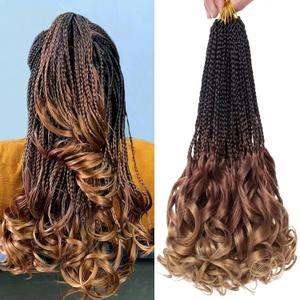 COOKOO 14 Inch French Curl Crochet Braids 9 Packs 135 Strands Goddess Box Braids Crochet Hair for Women Pre Looped Box Braids with Curly Ends Synthetic French Curl Braiding Hair Extensions 1B/30/27#